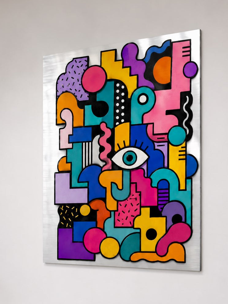 Tableau métal abstrait Happy Shapes sur aluminium avec formes graphiques multicolores et contours noirs
