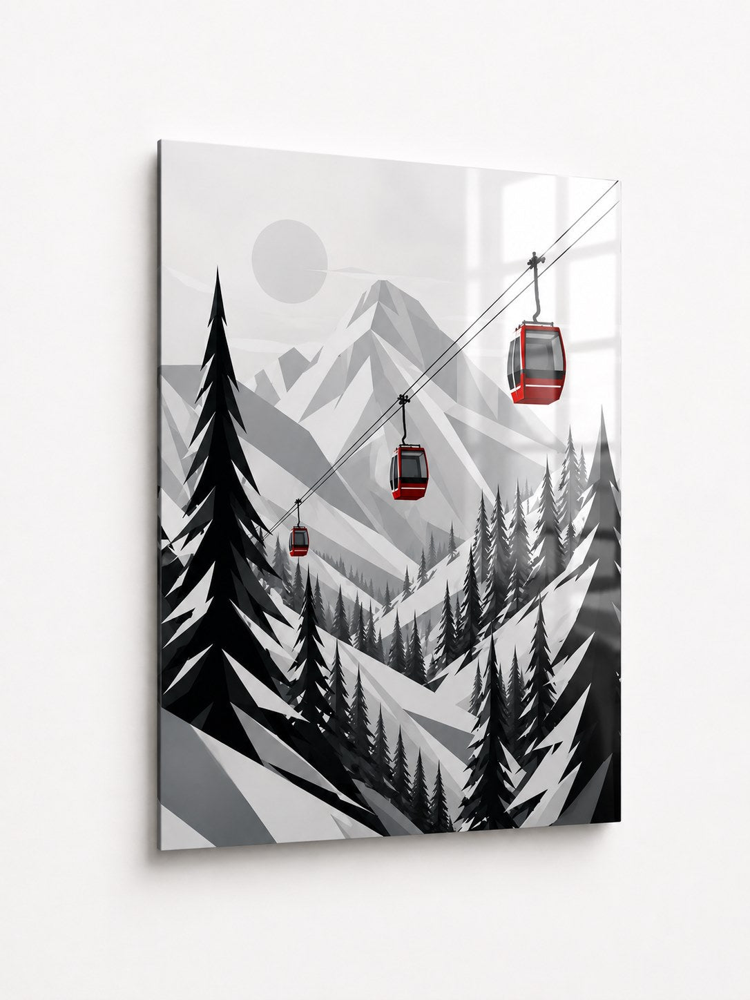 Tableau alu représentant une station de ski avec trois cabines rouges traversant un paysage alpin enneigé
