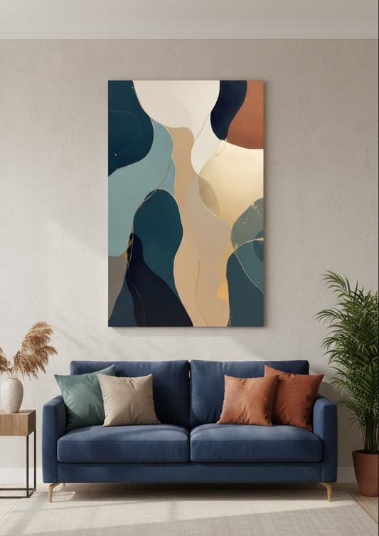 Tableau minimaliste abstrait aux tons naturels intégré dans une décoration murale contemporaine
