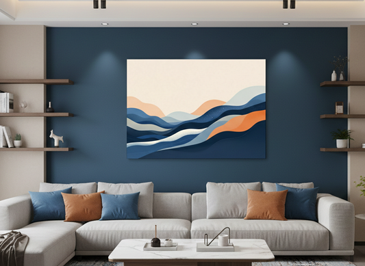 Tableau minimaliste abstrait aux tons bleus et beiges intégré dans une décoration murale contemporaine
