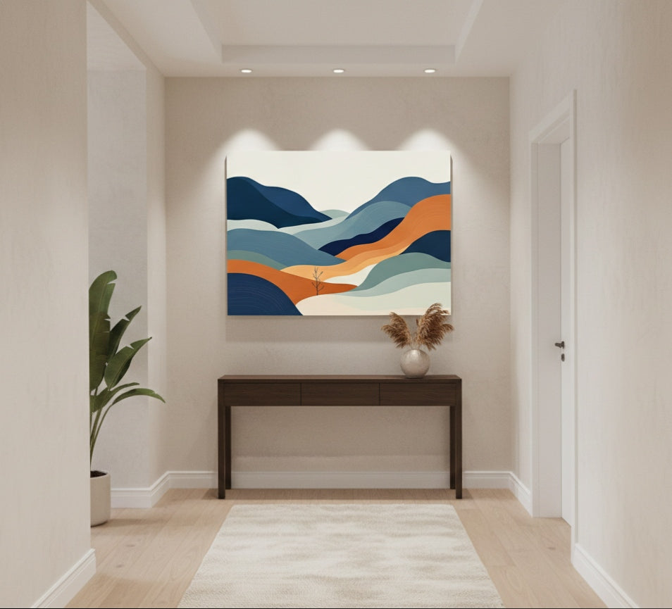 Tableau minimaliste abstrait inspiré d’un paysage stylisé intégré dans une décoration murale contemporaine
