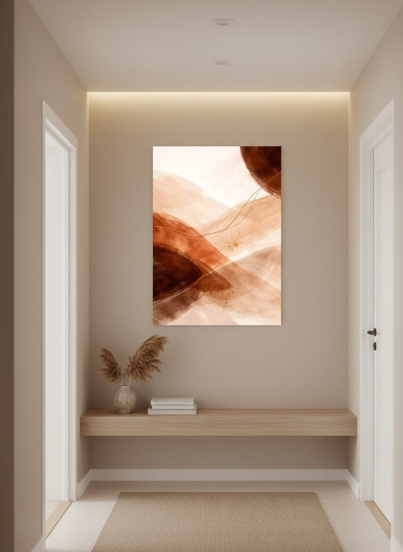 Tableau minimaliste terracotta en mise en situation intérieure
