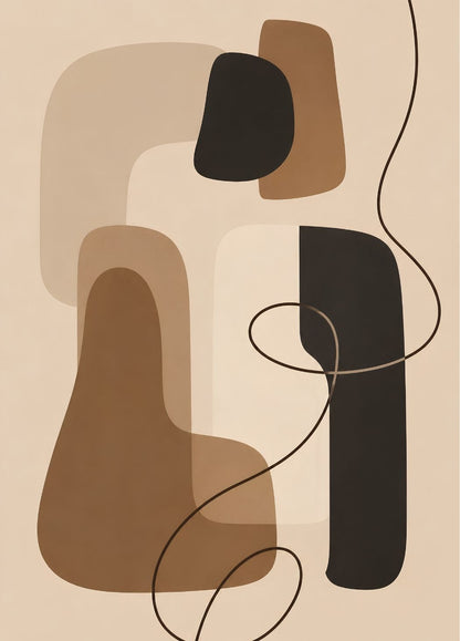 Tableau minimaliste beige et noir composé de formes organiques brunes et d'une fine ligne abstraite sur fond beige
