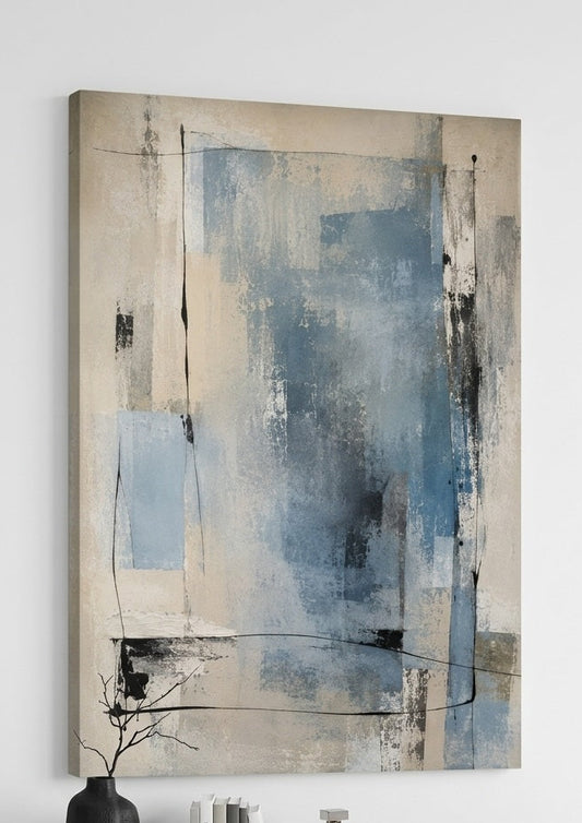 Tableau minimaliste bleu gris et beige à la composition épurée, structuré par des formes superposées et des lignes graphiques.
