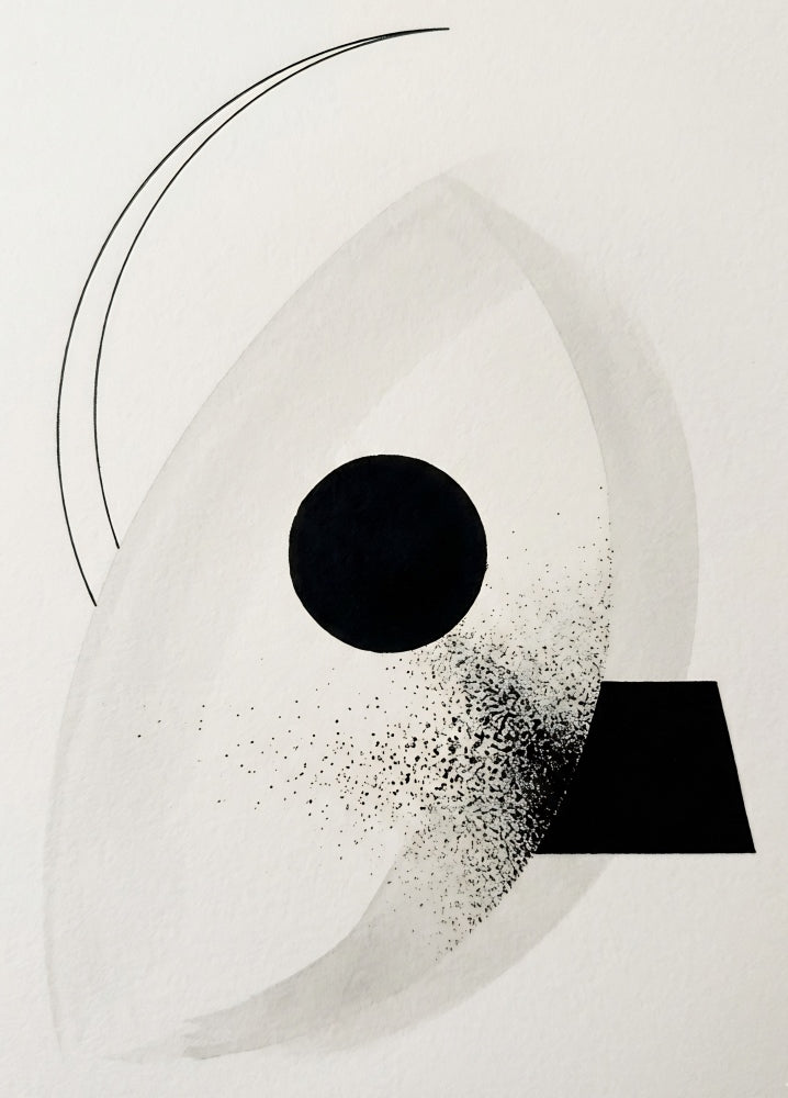 Tableau minimaliste noir et blanc avec formes géométriques abstraites et composition contemporaine
