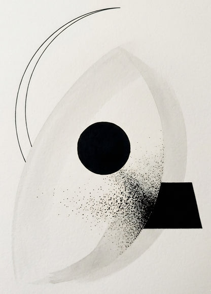 Tableau minimaliste noir et blanc avec formes géométriques abstraites et composition contemporaine
