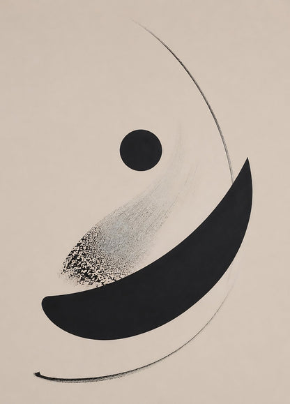Tableau minimaliste contemporain avec formes géométriques noires et composition graphique épurée
