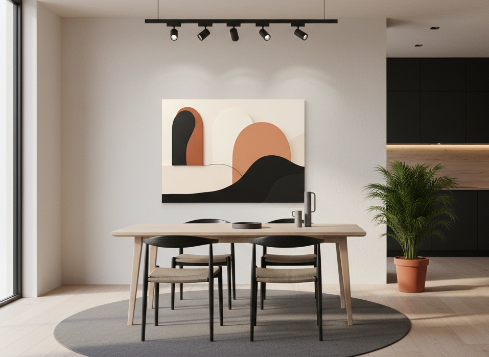 Tableau minimaliste terracotta en intérieur contemporain
