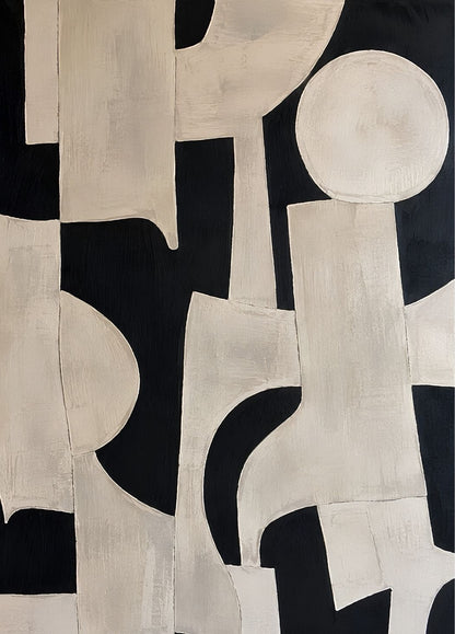 Tableau minimaliste noir et beige aux formes organiques contrastées, avec texture subtile et composition graphique contemporaine.
