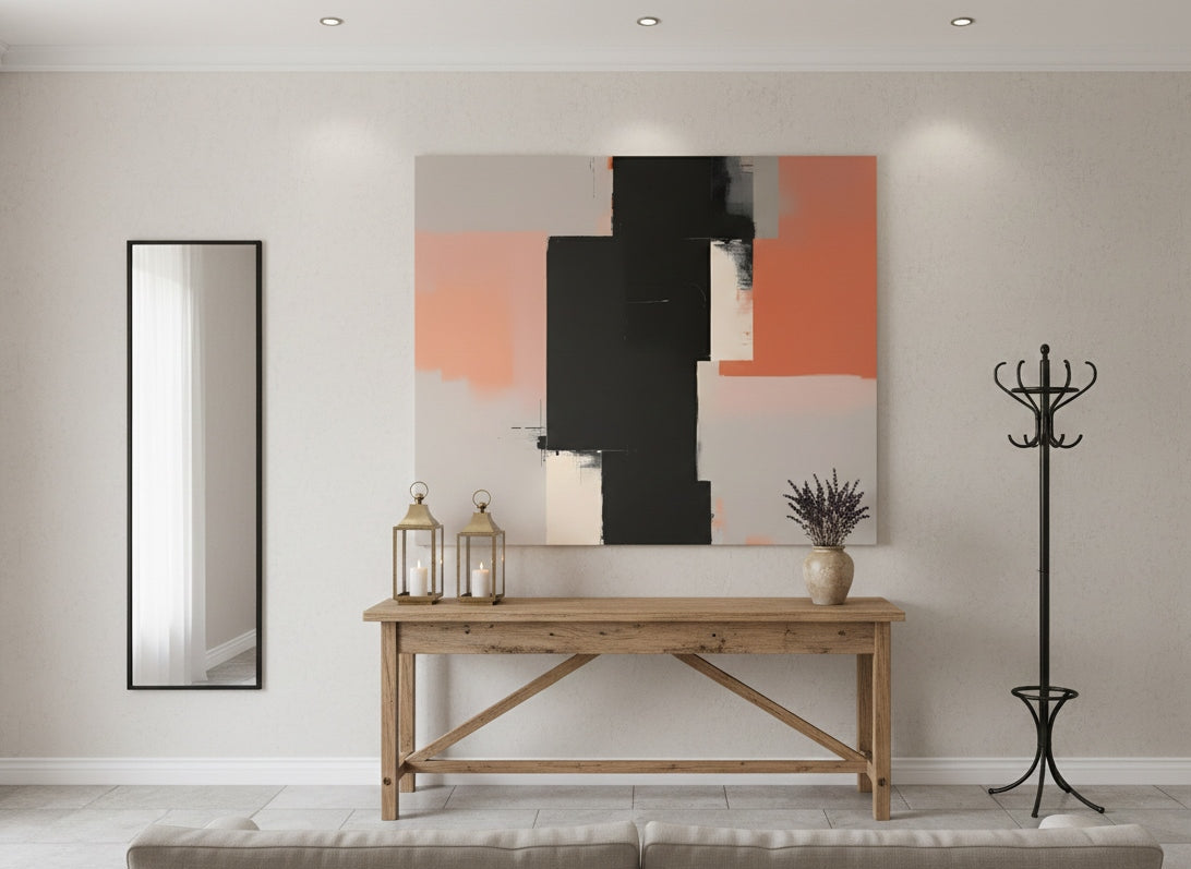 Tableau minimaliste moderne noir et terracotta en décoration intérieure contemporaine
