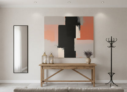 Tableau minimaliste moderne noir et terracotta en décoration intérieure contemporaine
