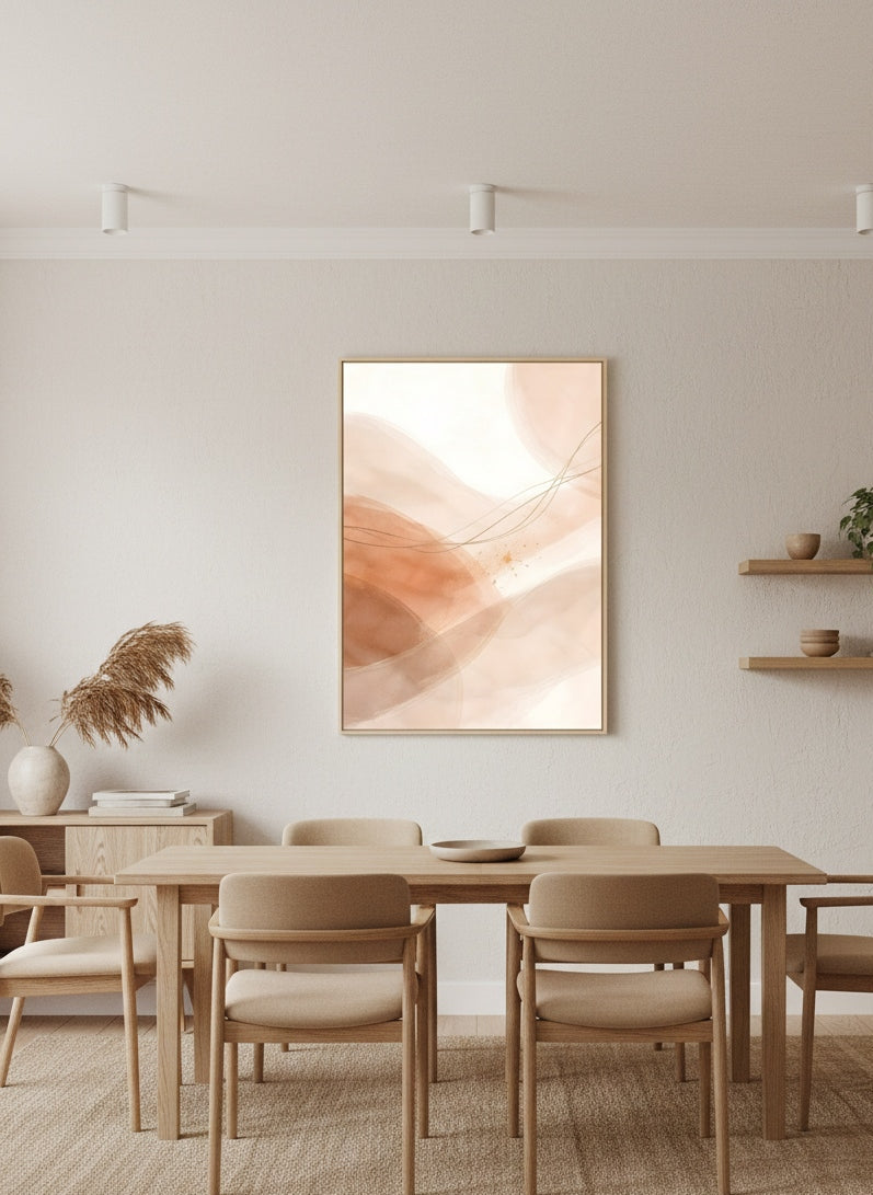 Tableau minimaliste terracotta en situation intérieure
