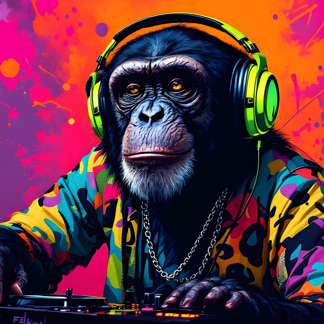 Chimpanzé DJ pop art moderne avec casque vert néon et fond urbain coloré vibrant
