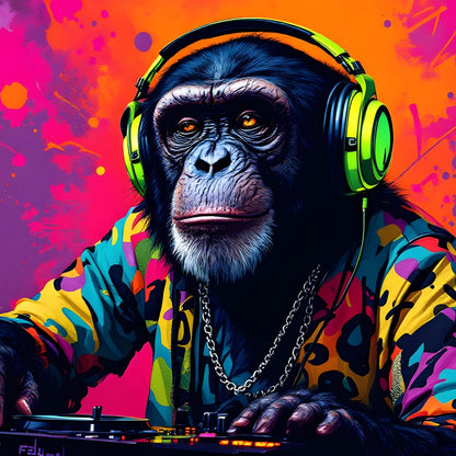 Chimpanzé DJ pop art moderne avec casque vert néon et fond urbain coloré vibrant
