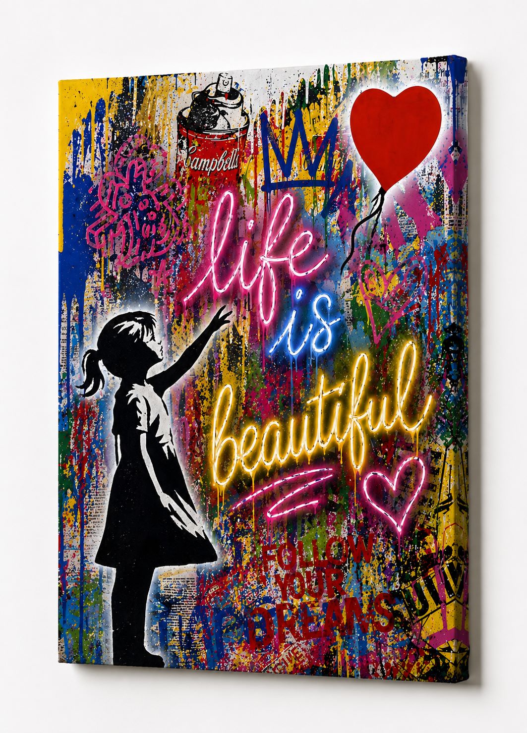 Tableau moderne street art enfant coeur graffiti couleurs vibrantes décoration murale contemporaine
