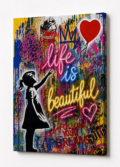 Tableau moderne street art enfant coeur graffiti couleurs vibrantes décoration murale contemporaine
