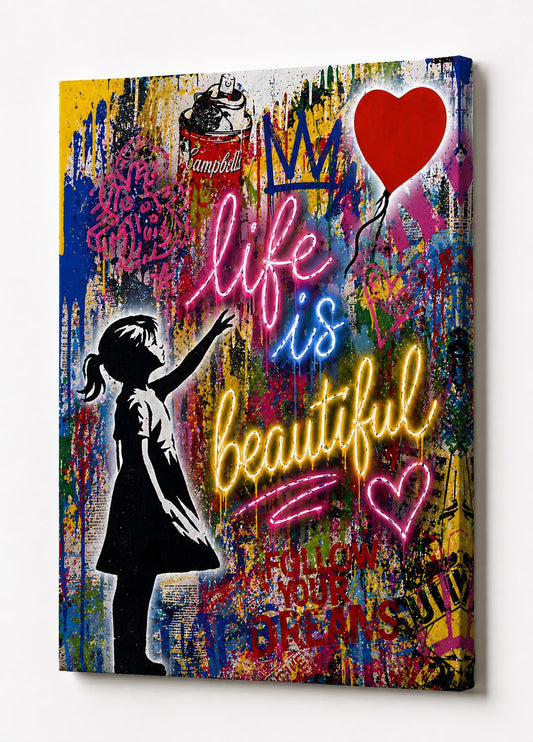 Tableau moderne street art enfant coeur graffiti couleurs vibrantes décoration murale contemporaine
