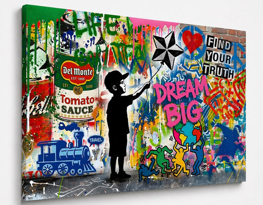 Tableau moderne street art enfant dream big couleurs vibrantes style urbain contemporain décoration murale
