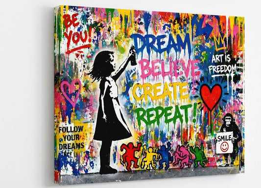 Tableau moderne street art enfant graffiti typographie inspiration décoration murale contemporaine
