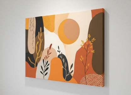 Détail tableau contemporain design aux lignes fluides végétales et palette chaude naturelle
