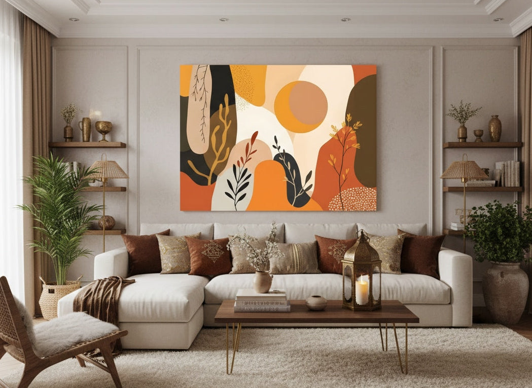 Tableau mural abstrait tons terre cuite et beige pour décor
