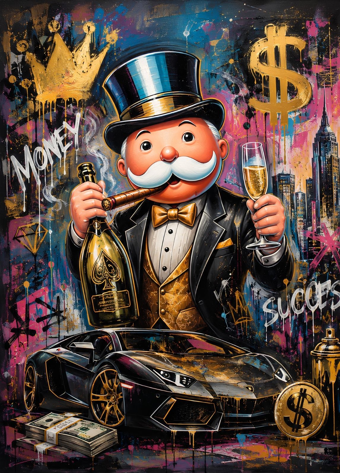 Tableau Monopoly pop art représentant le célèbre homme d'affaires entouré d'une Lamborghini noire, d'une bouteille de champagne, d'un cigare, de symboles financiers, d'une skyline new-yorkaise et de graffitis colorés dans un univers street art contemporain aux finitions premium.
