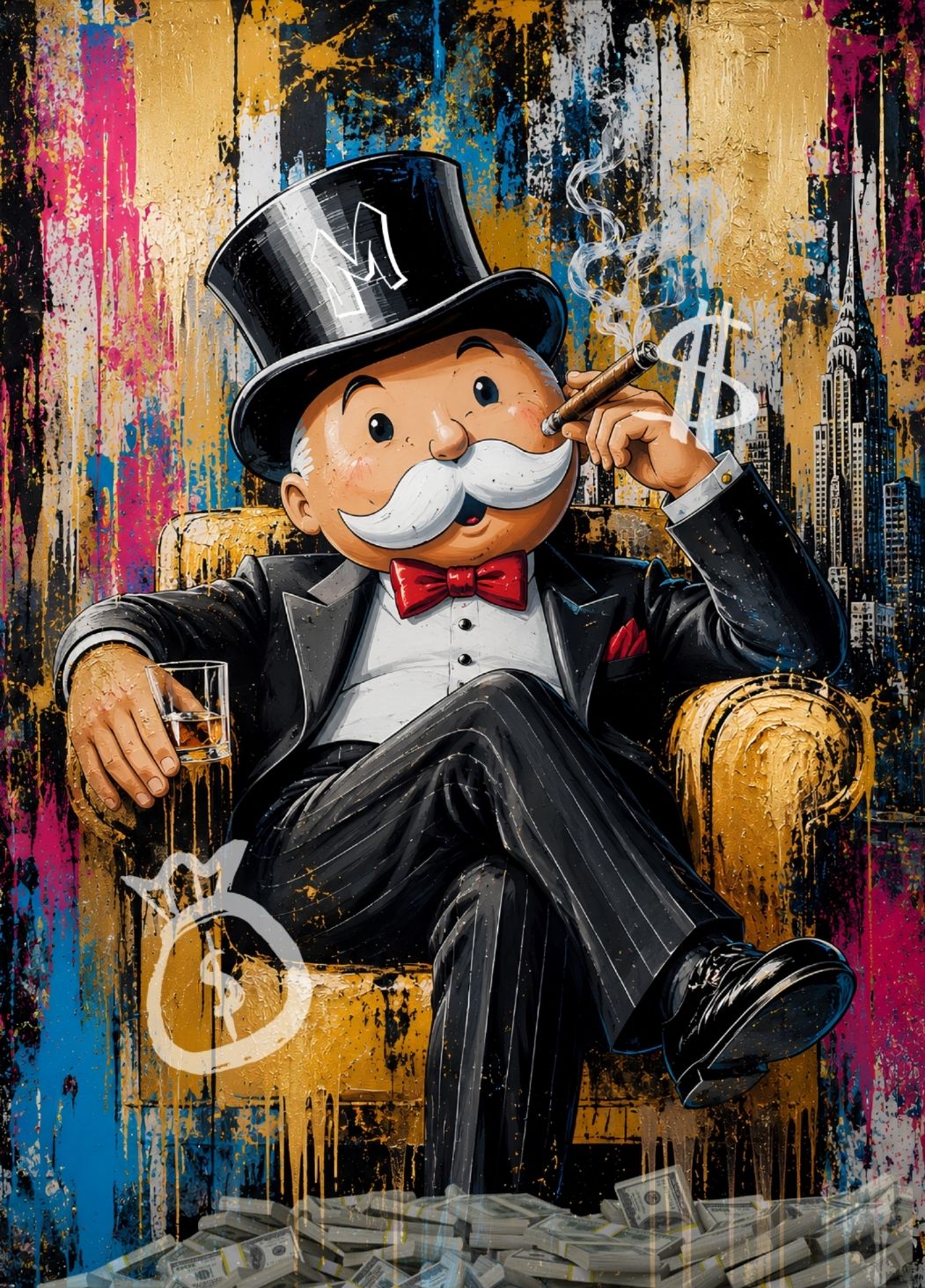 Tableau Monopoly pop art représentant le célèbre personnage moustachu en costume noir, installé dans un fauteuil avec un cigare et un verre de whisky devant une skyline new-yorkaise, revisité dans un style street art avec projections de peinture, textures urbaines et couleurs éclatantes.
