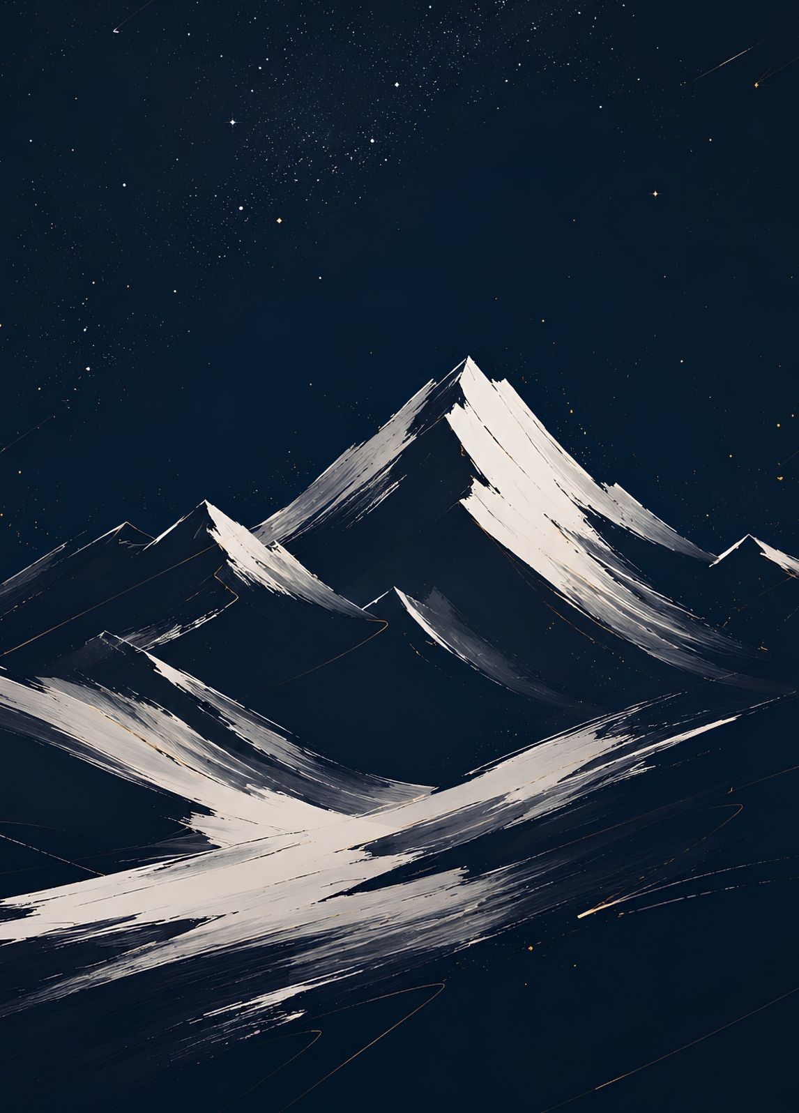 Tableau montagne bleu nuit avec sommet enneigé sous un vaste ciel étoilé
