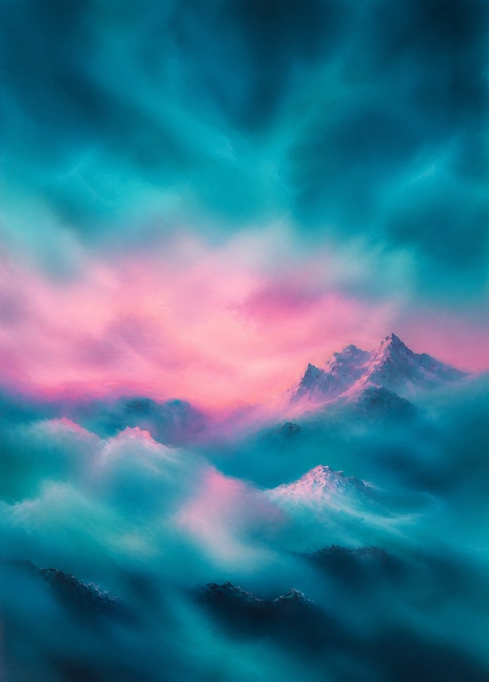 Tableau montagne abstraite avec brume bleue et lumière rose atmosphérique
