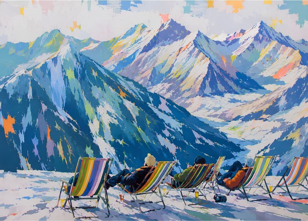Tableau montagne contemporain représentant un panorama de sommets enneigés dans un style de peinture figurative moderne.

