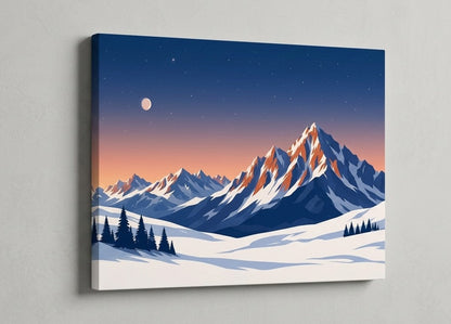 Tableau montagne moderne représentant des sommets enneigés et sapins sous un ciel bleu étoilé
