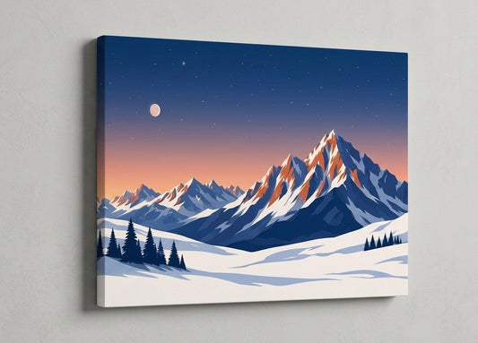 Tableau montagne moderne représentant des sommets enneigés et sapins sous un ciel bleu étoilé
