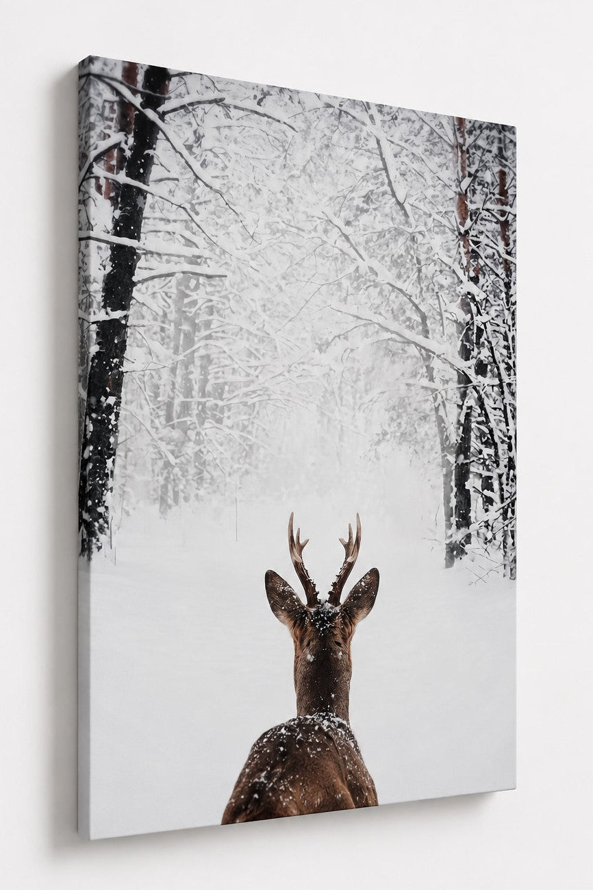 Tableau montagne enneigée avec cerf sauvage au cœur d une forêt nordique immaculée
