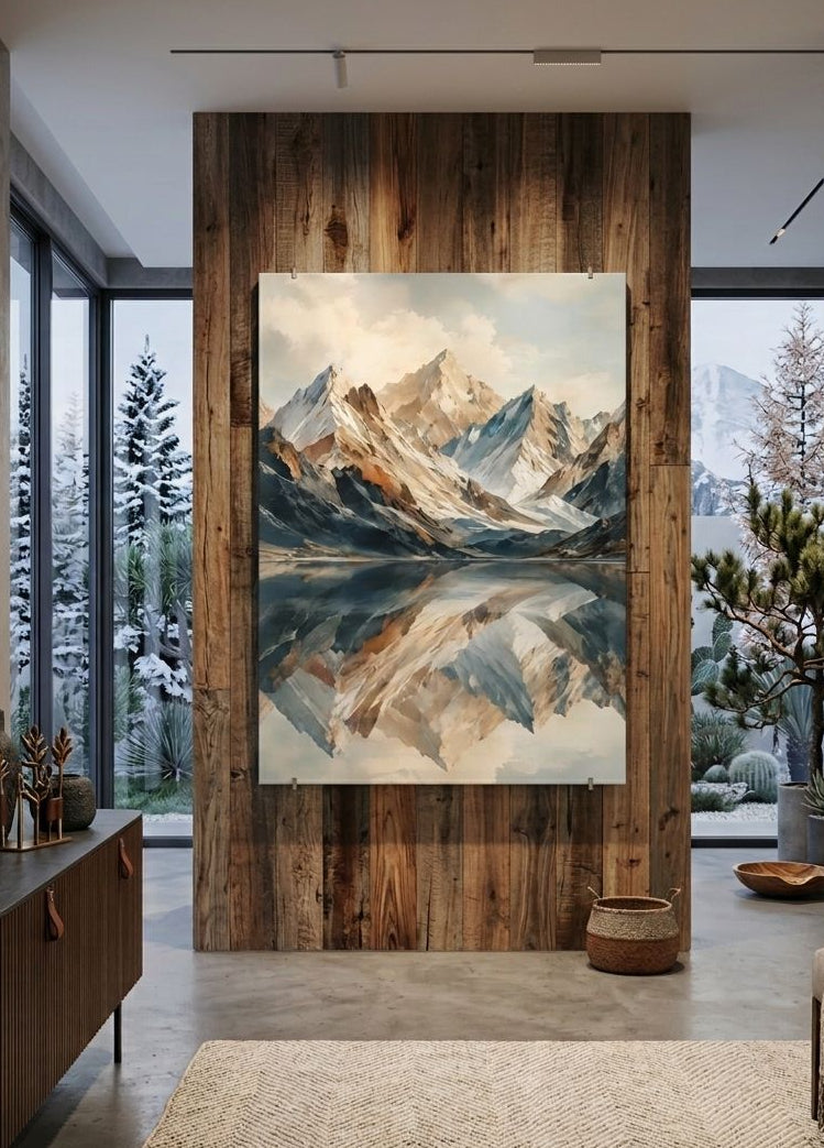 Tableau montagne lac et sommets installé dans un intérieur contemporain aux matières naturelles et tonalités minérales
