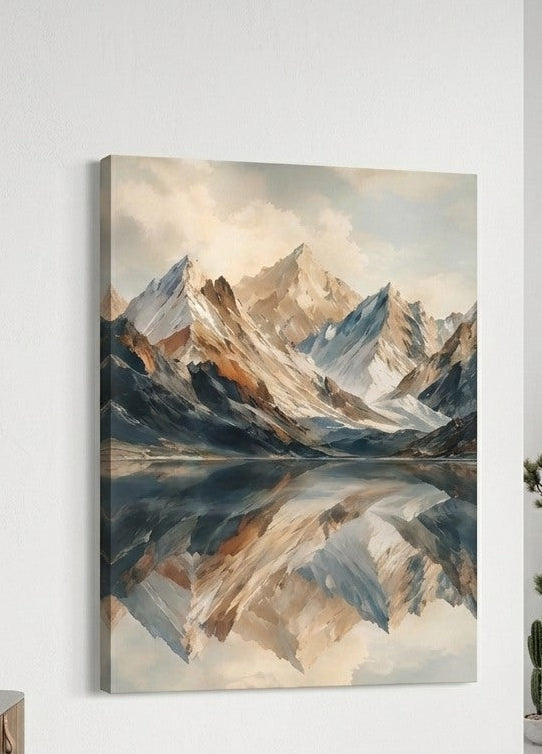 Tableau paysage montagne vu de profil avec sommets enneigés et reflet dans un lac aux nuances minérales
