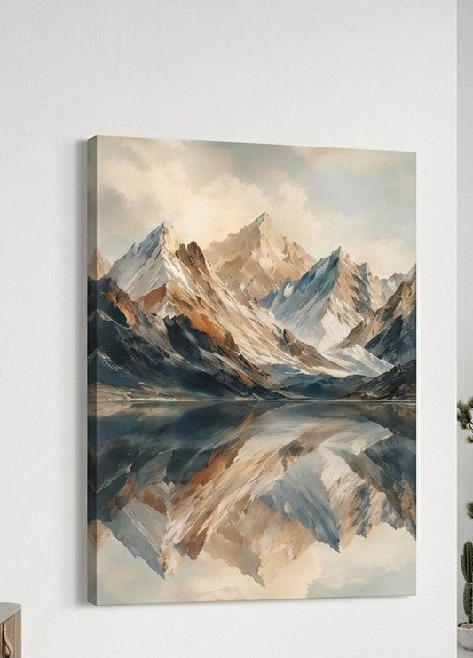 Tableau paysage montagne vu de profil avec sommets enneigés et reflet dans un lac aux nuances minérales
