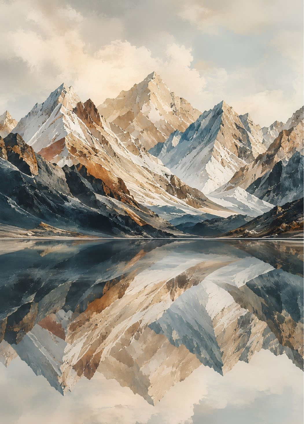Tableau montagne représentant des sommets enneigés beige et bleu gris se reflétant dans un lac calme sous un ciel lumineux
