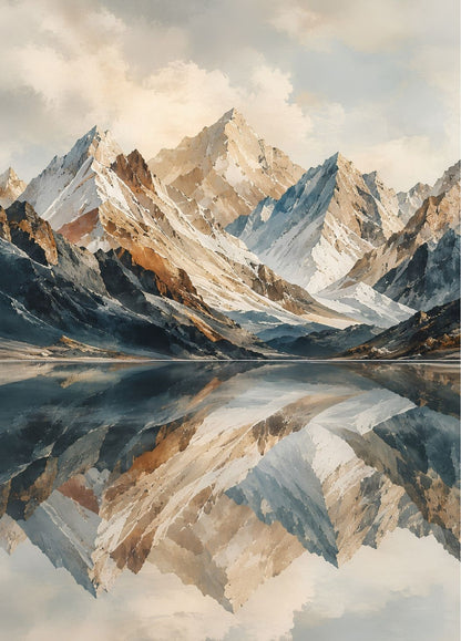 Tableau montagne représentant des sommets enneigés beige et bleu gris se reflétant dans un lac calme sous un ciel lumineux

