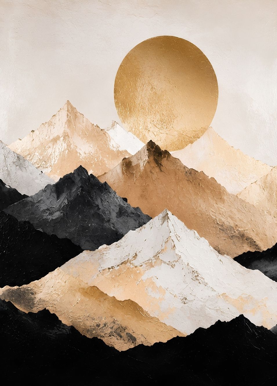 Tableau montagne moderne aux sommets beige, blancs et noirs avec grand soleil doré
