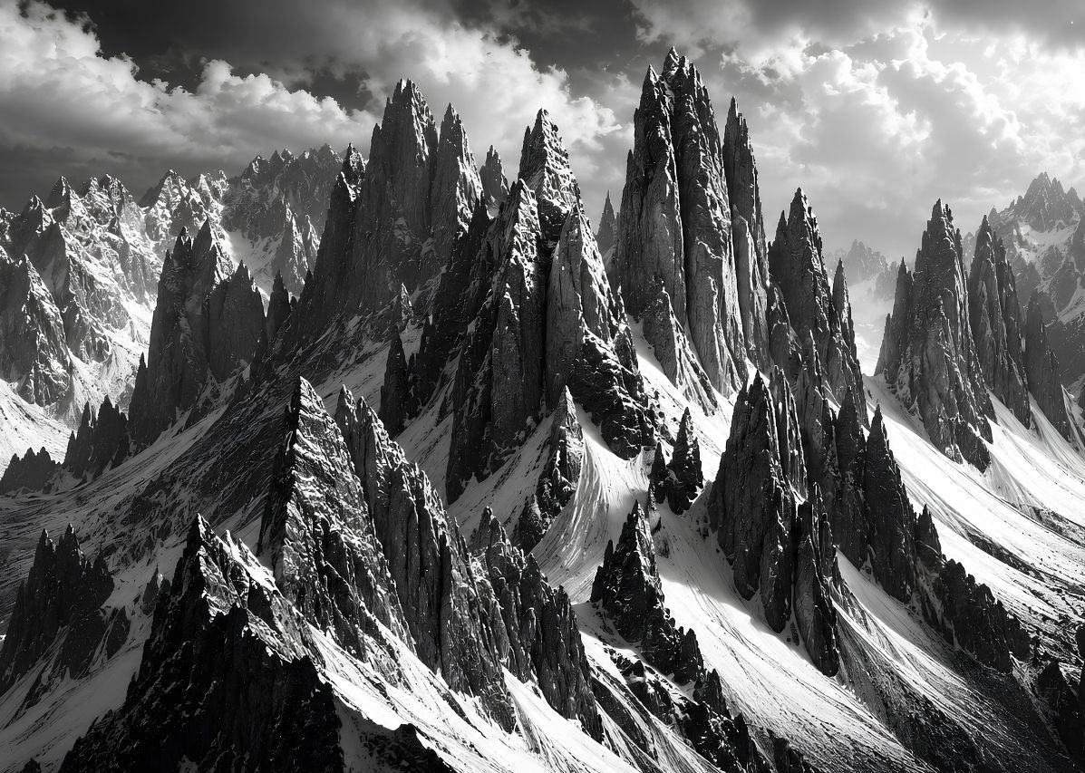 Tableau montagne noir et blanc montrant de hauts sommets rocheux enneigés sous un ciel spectaculaire

