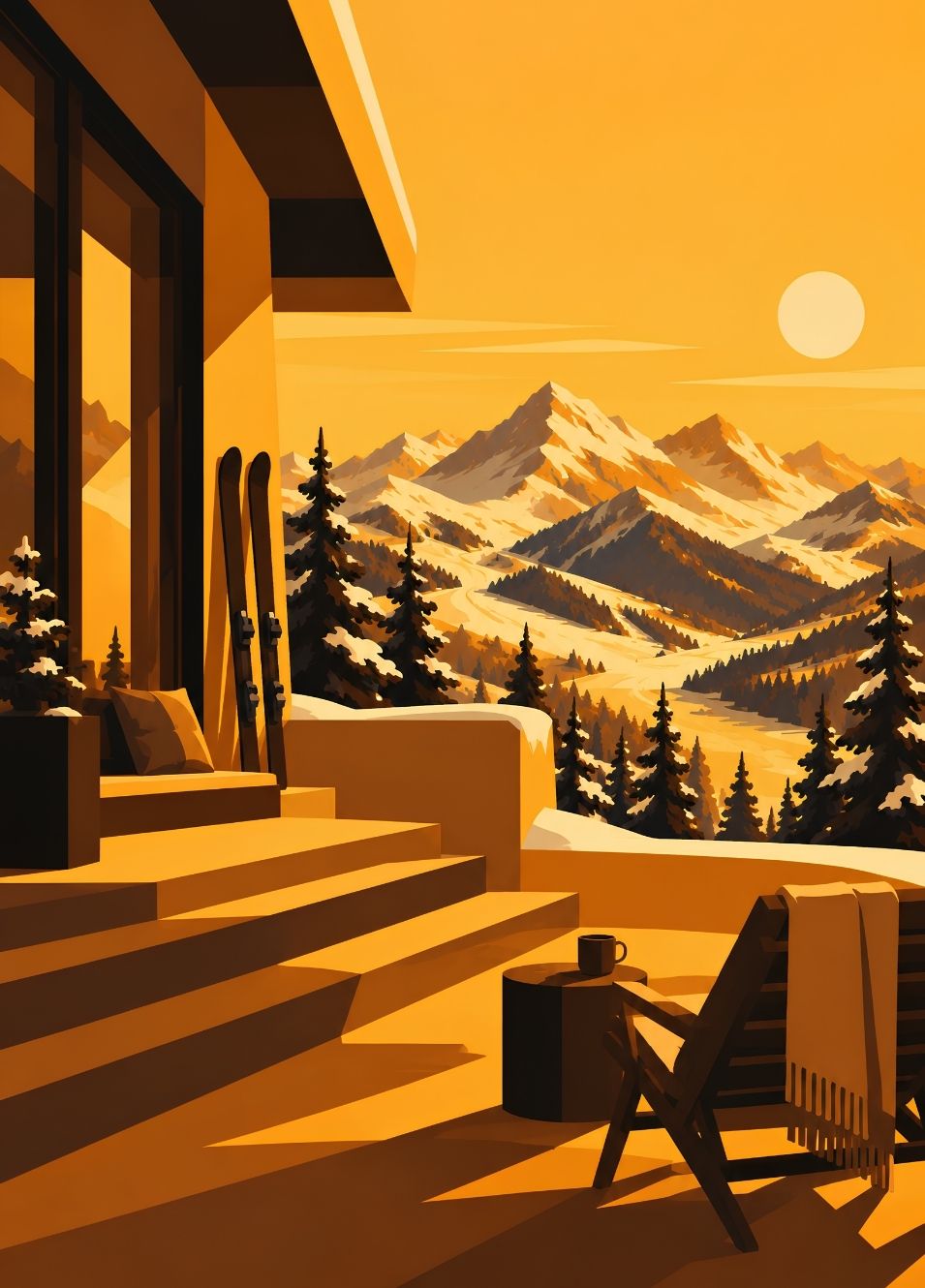 Tableau montagne et ski avec chalet face aux sommets enneigés

