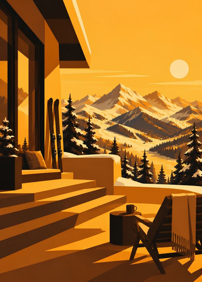 Tableau montagne et ski avec chalet face aux sommets enneigés
