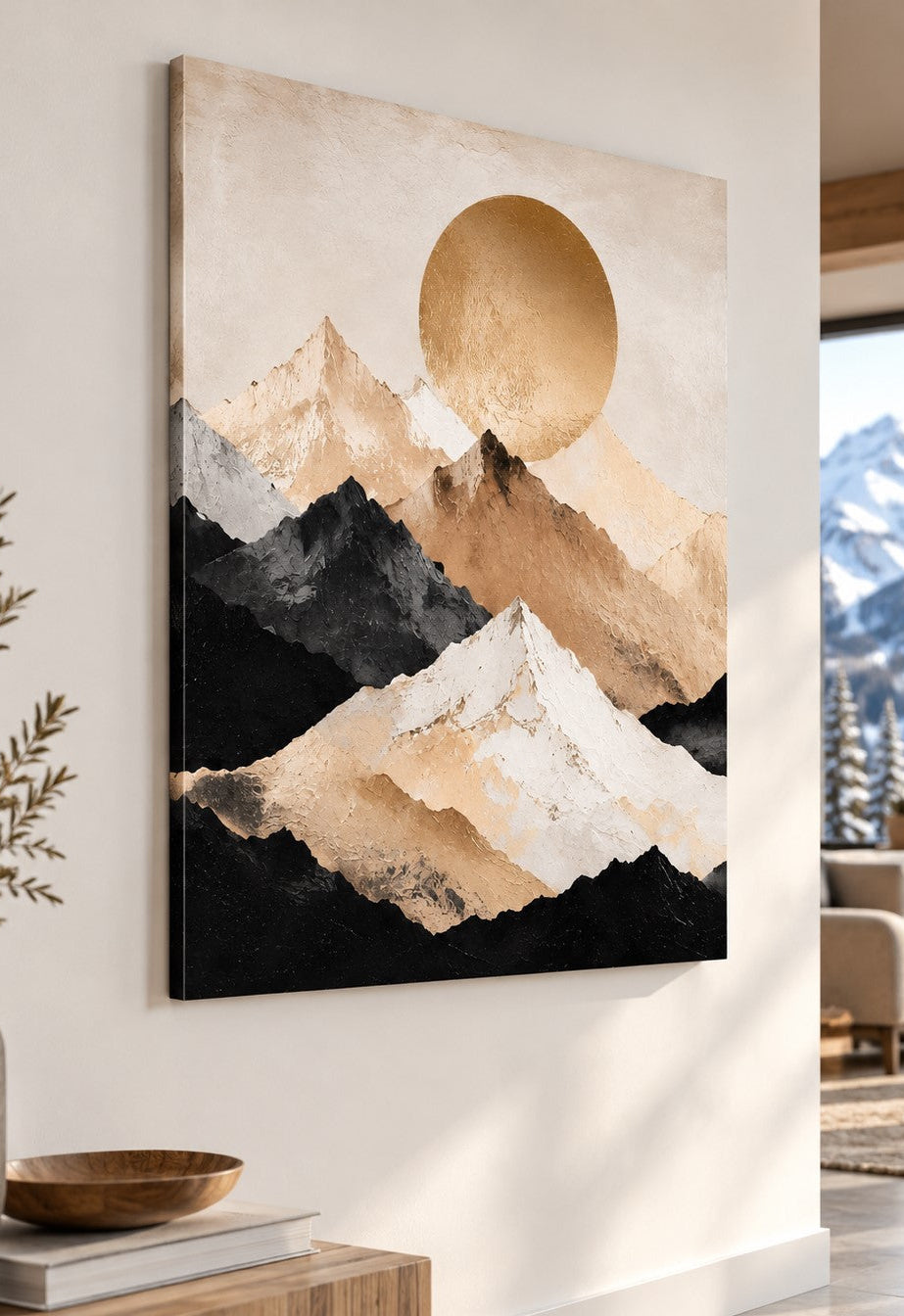 Tableau mural montagne contemporain présenté dans un salon aux tons naturels
