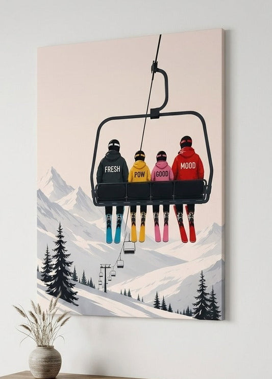 Tableau montagne moderne représentant une famille de skieurs sur un télésiège
