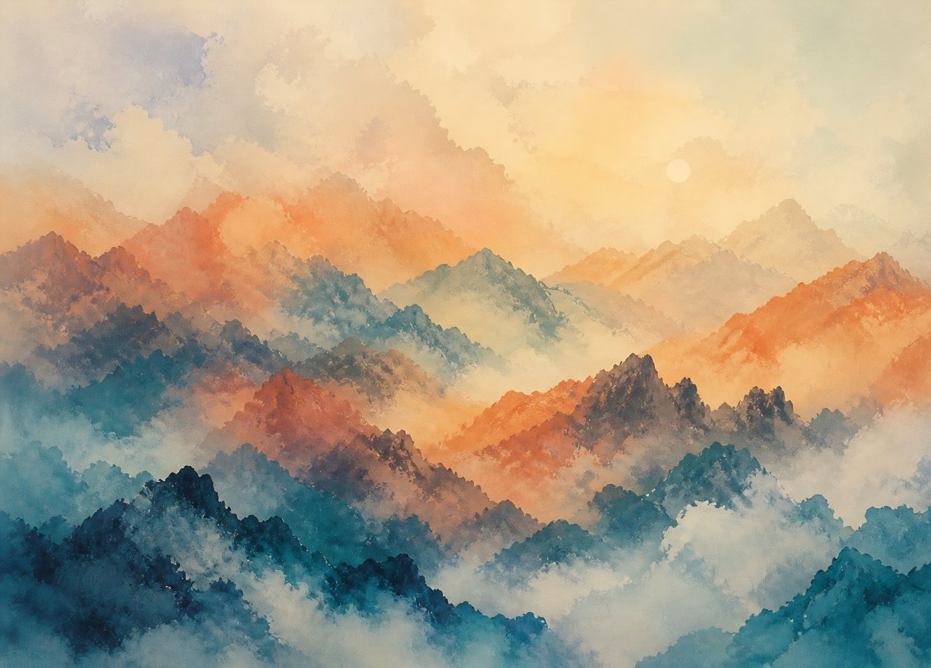 Tableau montagnes contemporaines dans des nuances pastel et brumeuses
