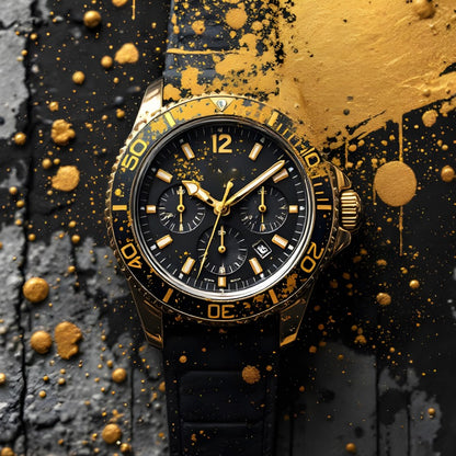 Tableau montre noir et or vue face fond texturé éclats dorés
