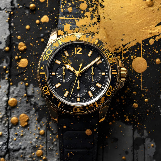 Tableau montre noir et or vue face fond texturé éclats dorés
