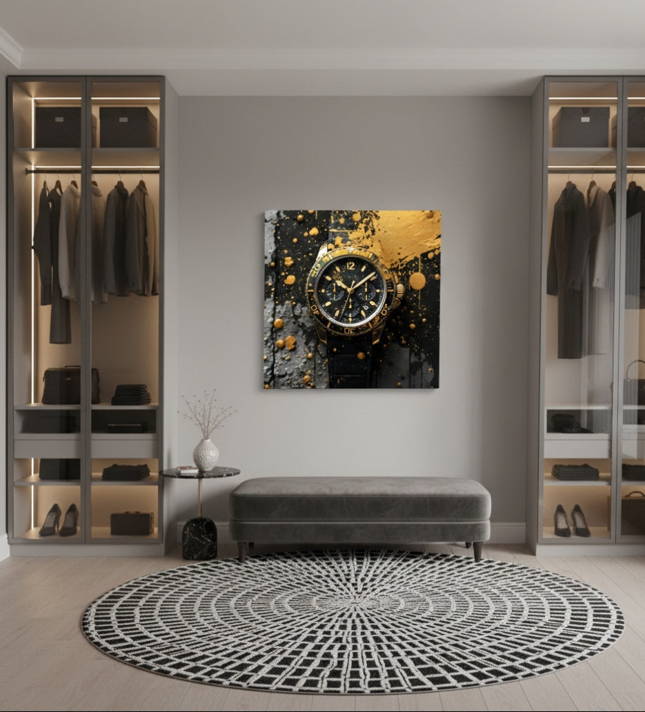 Tableau montre noir et or accroché dans un bureau moderne chic

