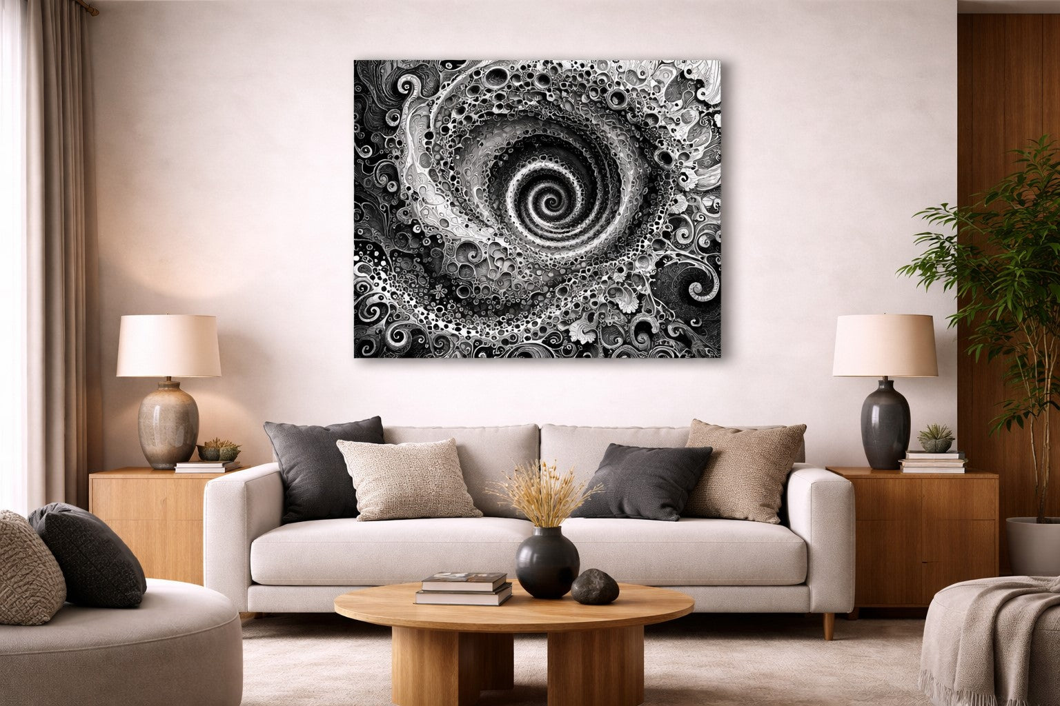 Oeuvre abstraite riche en détails organiques et motifs complexes en noir et blanc idéale pour une décoration murale design et contemporaine
