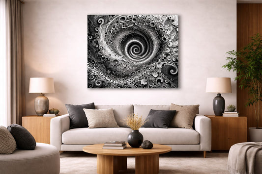 Oeuvre abstraite riche en détails organiques et motifs complexes en noir et blanc idéale pour une décoration murale design et contemporaine

